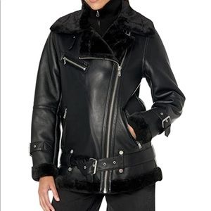 Black Avec les filles biker jacket with faux shearling detail and zippers